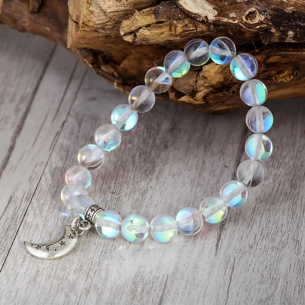 Handmade 8mm Moonstone Bead Elastic Thread Stat and Moon Charm Women Bracelet Jewelry for Gift Drop Shipping